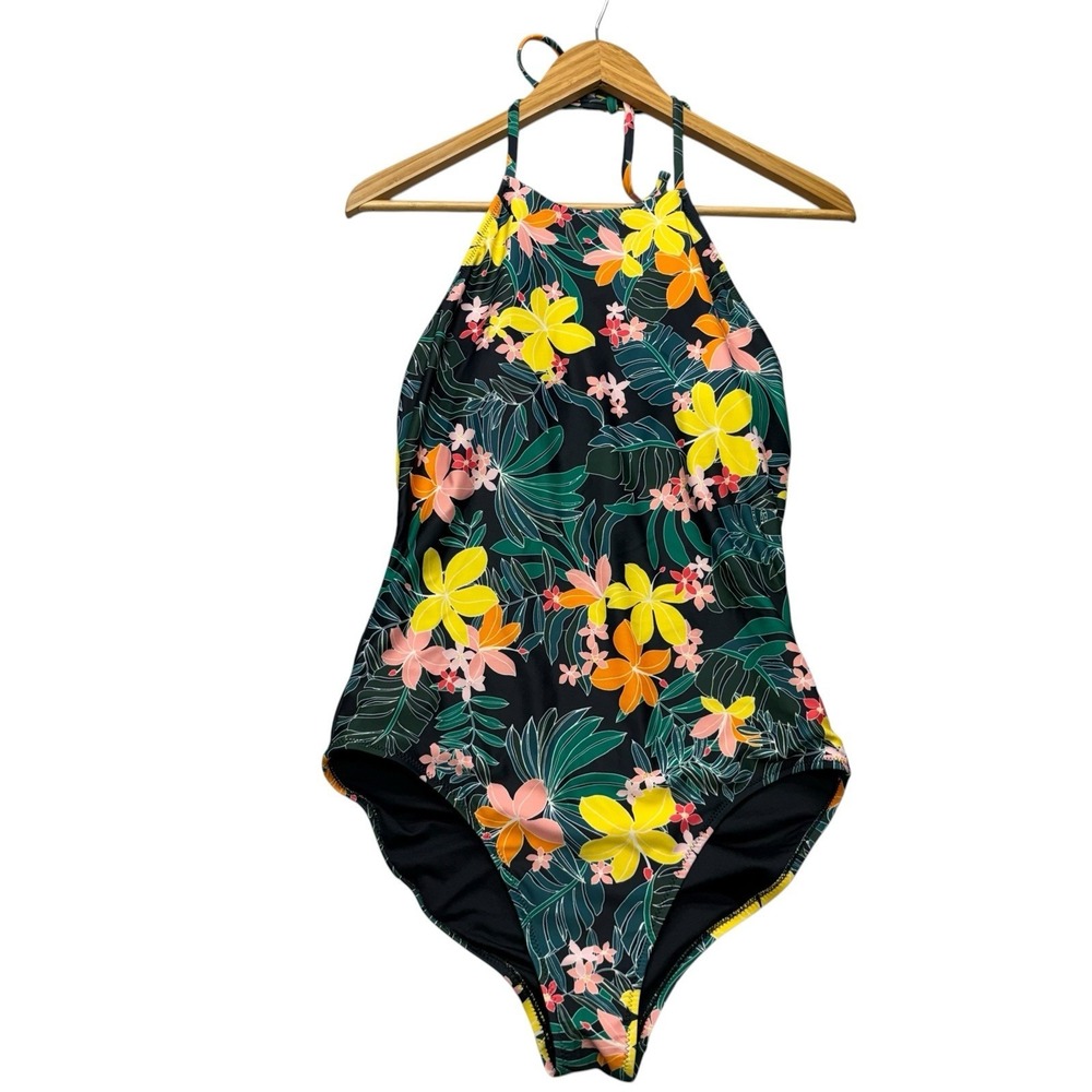 Old Navy Womens Swimsuit Medium Black Floral One Piece Swim High Neck Halter